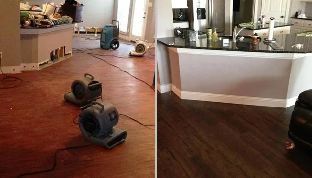 before and after view of a room restored from flood damage