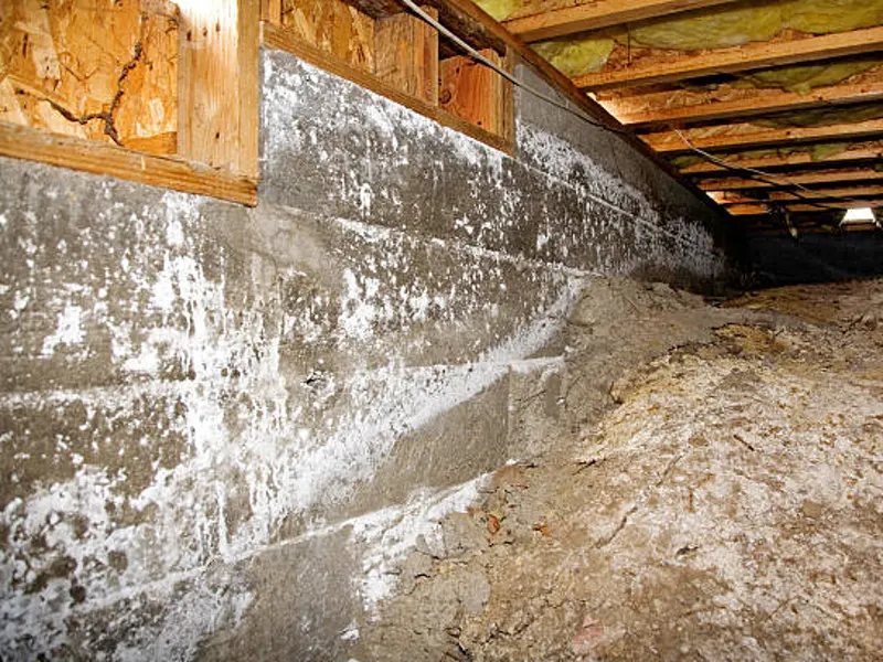crawlspace mold removal dirt deteriorating concrete walls wooden beams above
