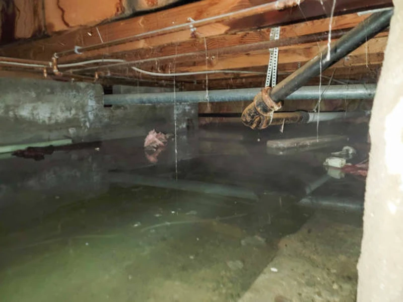 dimly lit crawlspace water puddle exposed pipes wooden beams overhead