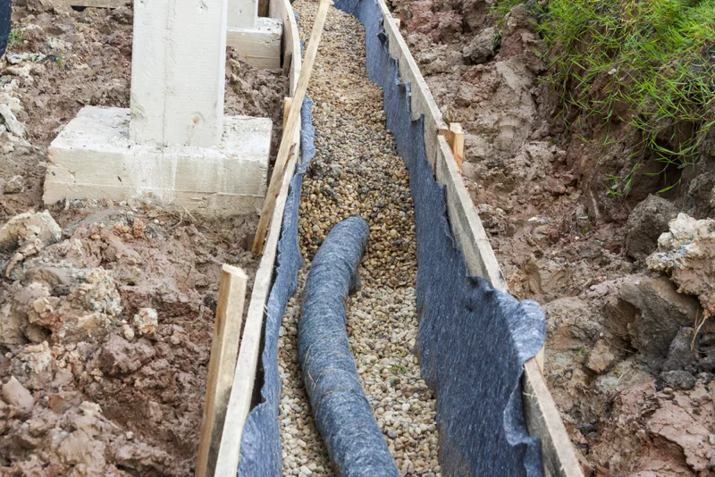 in progress french drain installation next to foundation with gravel