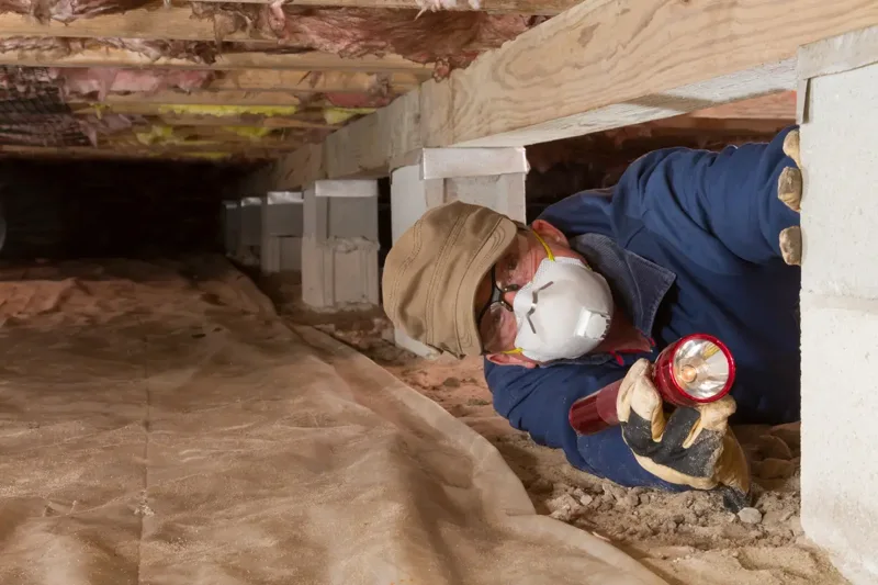 inspector in mask examining crawlspace with light and vapor barrier in alaska