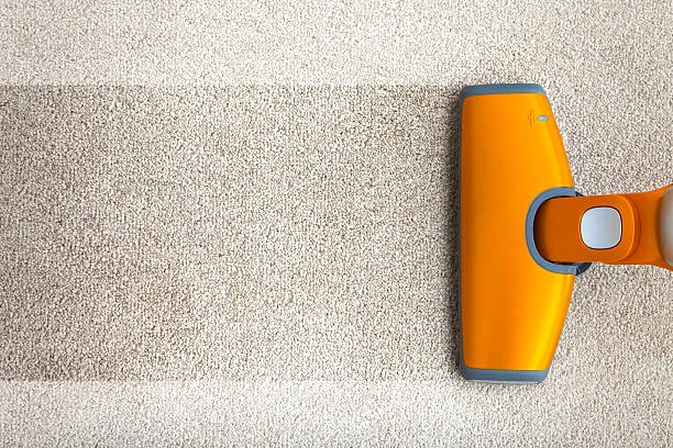 orange vacuum cleaner on carpet showing a clean path next to uncleaned area